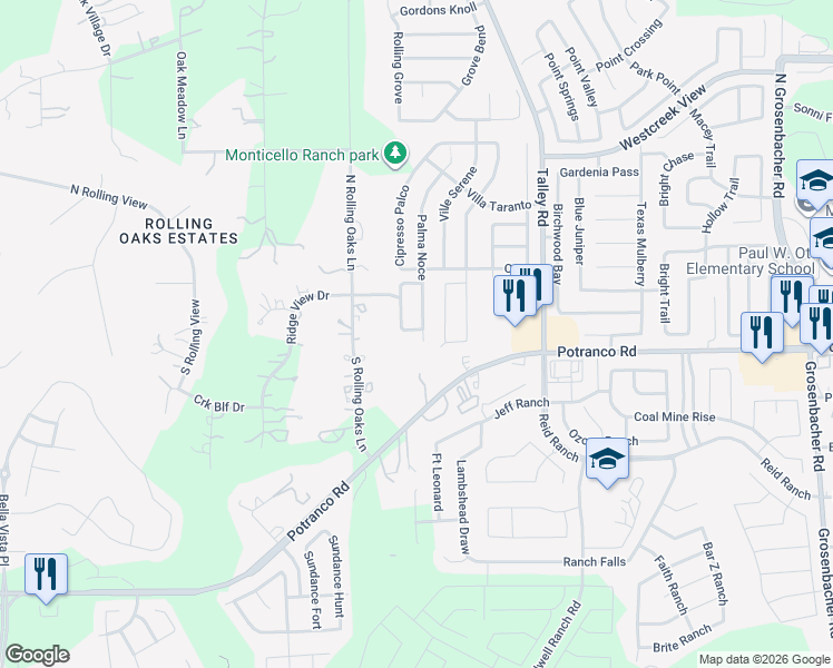 map of restaurants, bars, coffee shops, grocery stores, and more near 119 Palma Noce in San Antonio