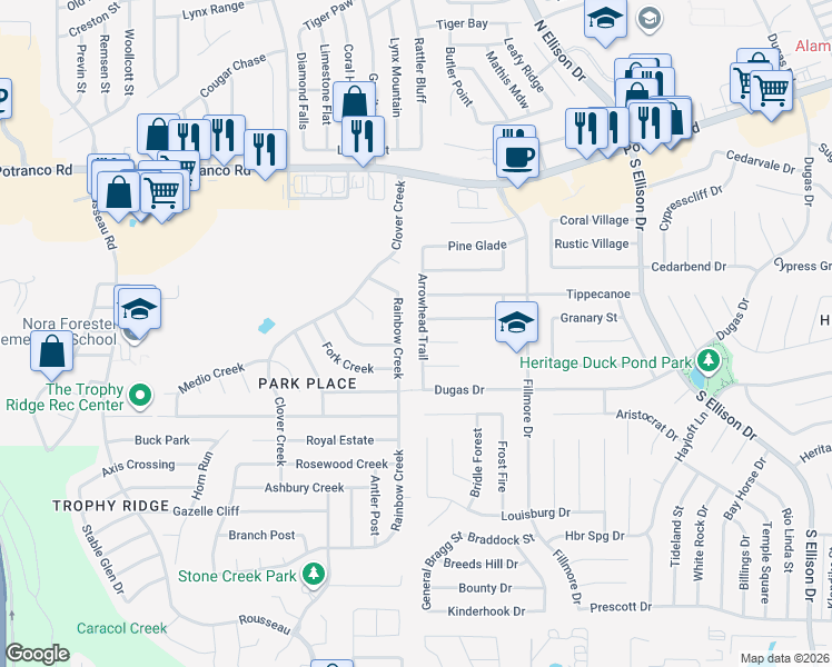 map of restaurants, bars, coffee shops, grocery stores, and more near 10203 Rainbow Creek in San Antonio