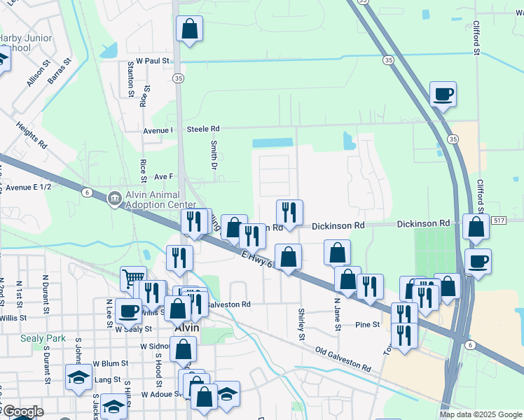 map of restaurants, bars, coffee shops, grocery stores, and more near 716 Gubert Lane in Alvin