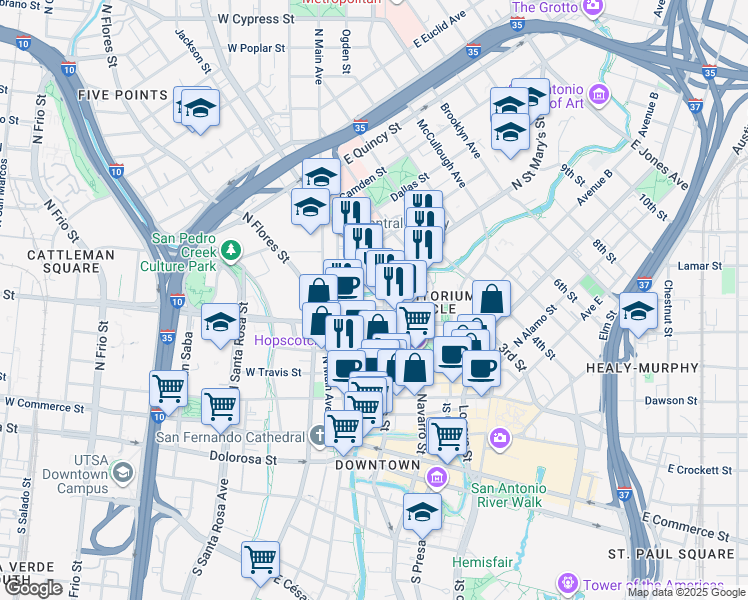 map of restaurants, bars, coffee shops, grocery stores, and more near 701 North Saint Mary's Street in San Antonio