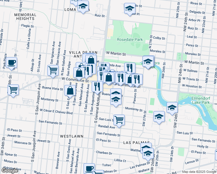map of restaurants, bars, coffee shops, grocery stores, and more near 4622 West Commerce Street in San Antonio