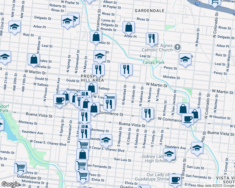 map of restaurants, bars, coffee shops, grocery stores, and more near 312 North Chupaderas Street in San Antonio