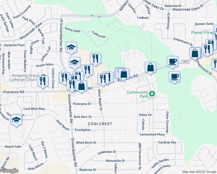 map of restaurants, bars, coffee shops, grocery stores, and more near 12040 Farm to Market Road 1957 in San Antonio