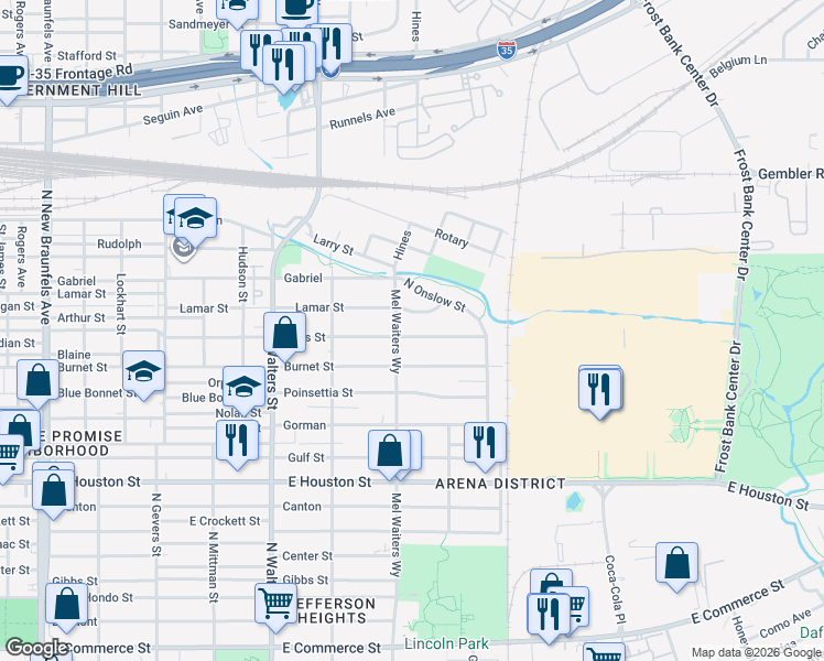 map of restaurants, bars, coffee shops, grocery stores, and more near 2222 Hays Street in San Antonio