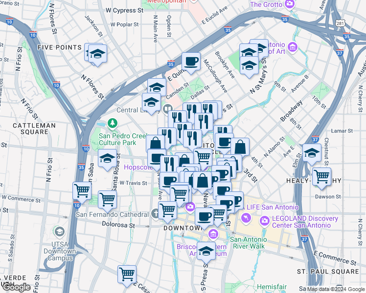 map of restaurants, bars, coffee shops, grocery stores, and more near 705 North Saint Mary's Street in San Antonio