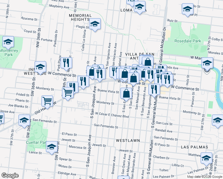 map of restaurants, bars, coffee shops, grocery stores, and more near 131 South San Gabriel Avenue in San Antonio