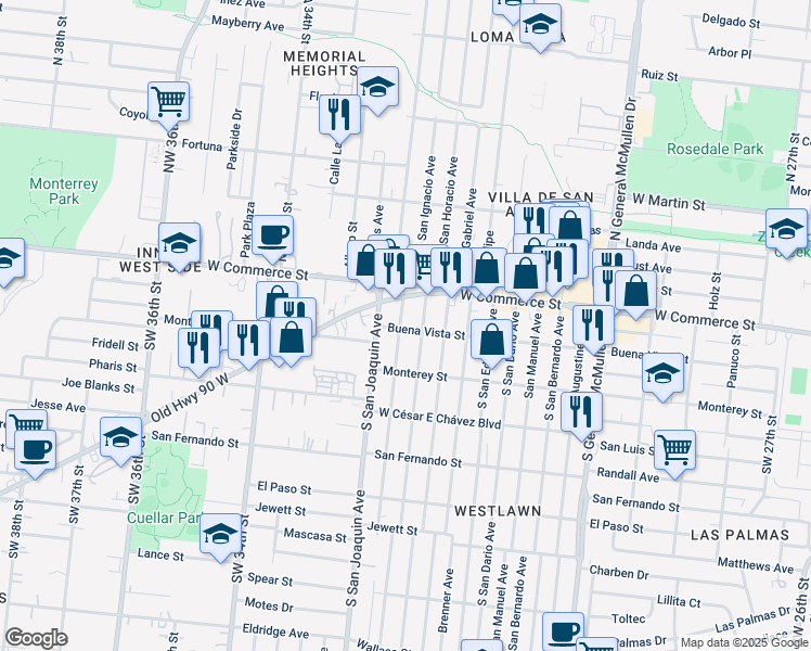 map of restaurants, bars, coffee shops, grocery stores, and more near 202 South San Ignacio Avenue in San Antonio