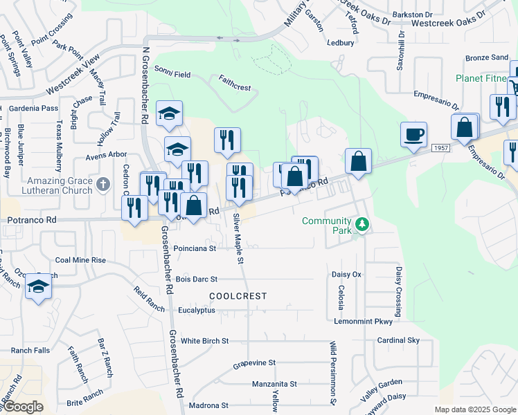 map of restaurants, bars, coffee shops, grocery stores, and more near 12040 Farm to Market Road 1957 in San Antonio