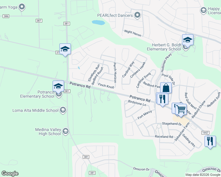 map of restaurants, bars, coffee shops, grocery stores, and more near 141 Finch Knoll in San Antonio