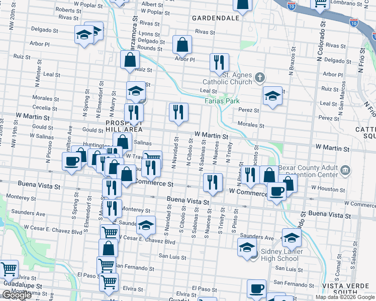 map of restaurants, bars, coffee shops, grocery stores, and more near 2407 West Travis Street in San Antonio