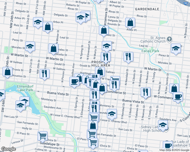 map of restaurants, bars, coffee shops, grocery stores, and more near 2923 West Travis Street in San Antonio