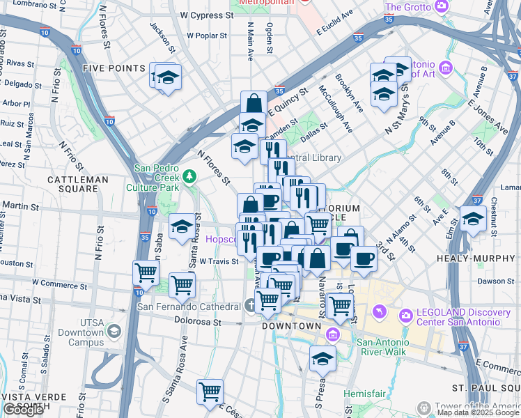 map of restaurants, bars, coffee shops, grocery stores, and more near 454 Soledad Street in San Antonio