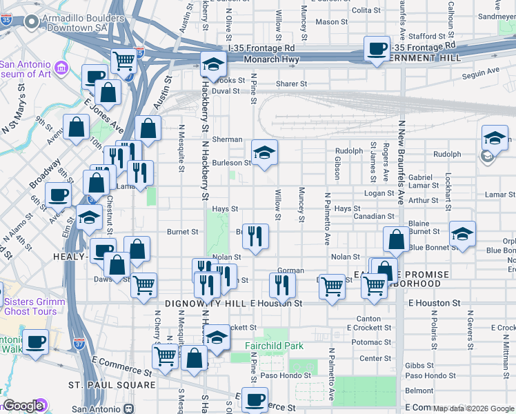 map of restaurants, bars, coffee shops, grocery stores, and more near 829 North Pine Street in San Antonio