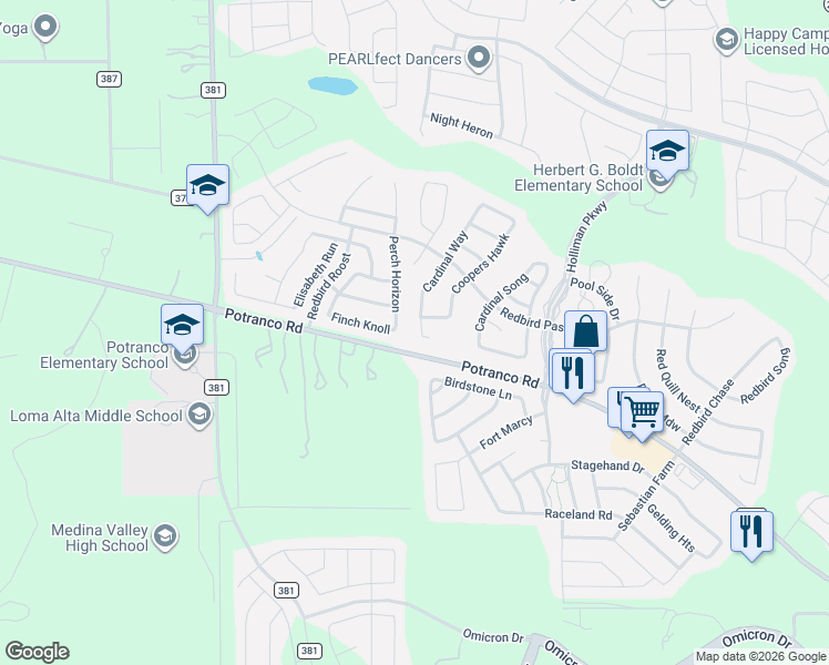 map of restaurants, bars, coffee shops, grocery stores, and more near 427 Cardinal Way in San Antonio