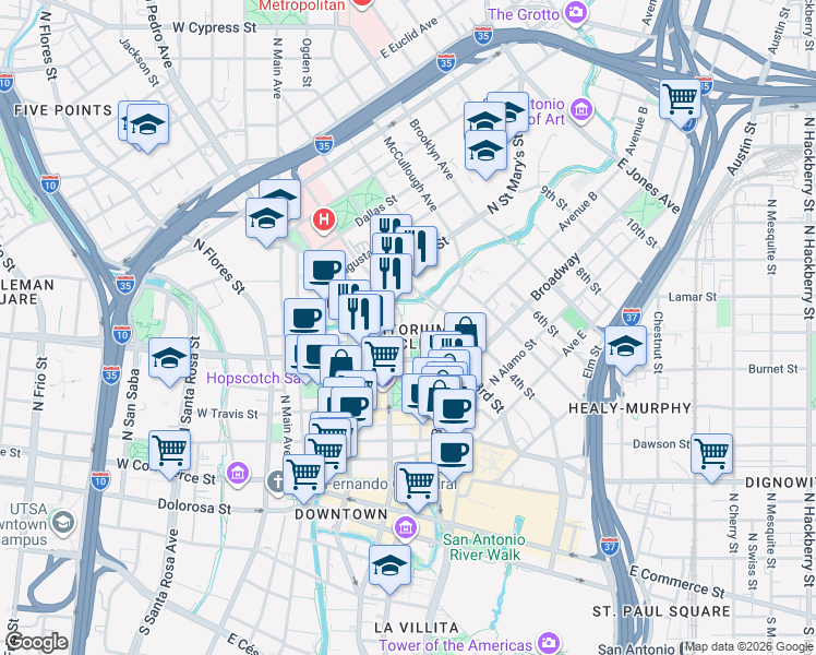 map of restaurants, bars, coffee shops, grocery stores, and more near 1920 Jefferson in San Antonio