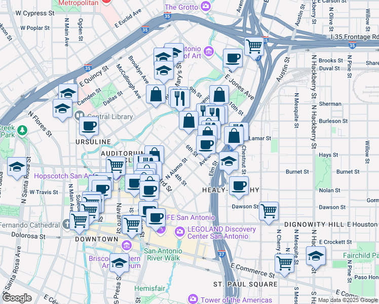 map of restaurants, bars, coffee shops, grocery stores, and more near 516n North Alamo Street in San Antonio