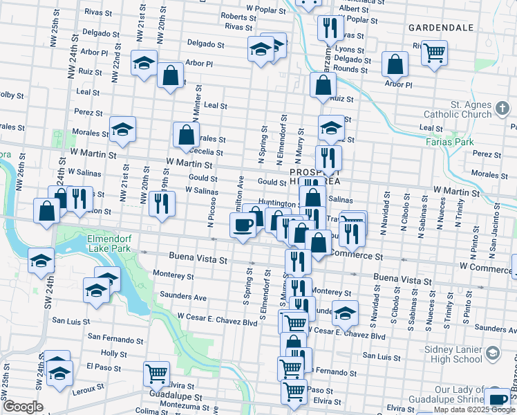 map of restaurants, bars, coffee shops, grocery stores, and more near 3122 West Travis Street in San Antonio