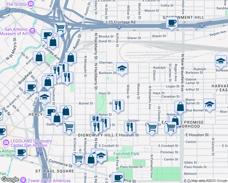 map of restaurants, bars, coffee shops, grocery stores, and more near 829 North Pine Street in San Antonio