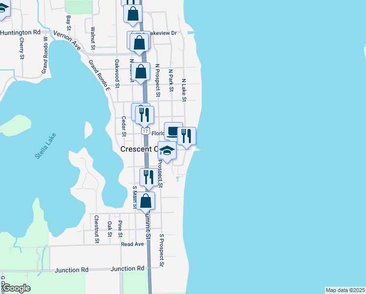 map of restaurants, bars, coffee shops, grocery stores, and more near 11 South Lake Street in Crescent City