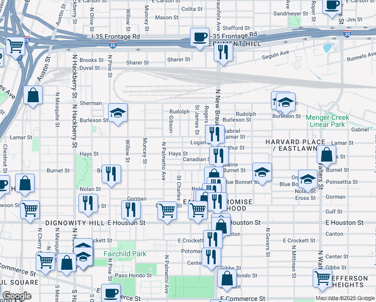 map of restaurants, bars, coffee shops, grocery stores, and more near 1222 Hays Street in San Antonio