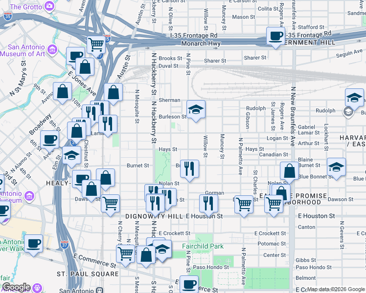 map of restaurants, bars, coffee shops, grocery stores, and more near 829 North Pine Street in San Antonio
