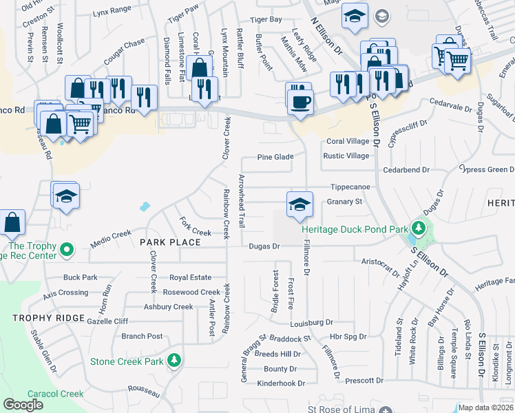 map of restaurants, bars, coffee shops, grocery stores, and more near 10422 Cedar Village in San Antonio