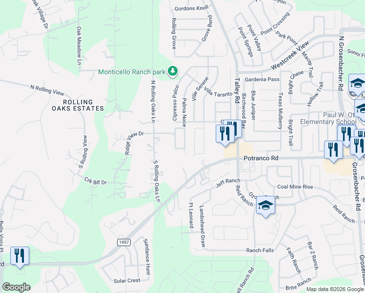 map of restaurants, bars, coffee shops, grocery stores, and more near 119 Palma Noce in San Antonio