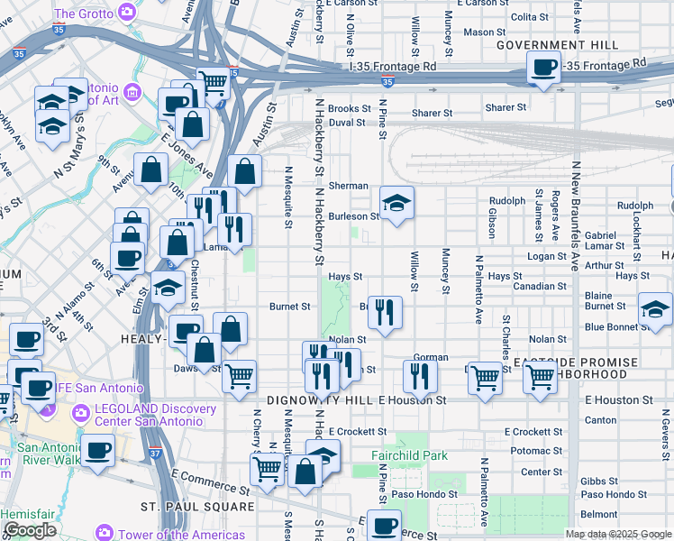 map of restaurants, bars, coffee shops, grocery stores, and more near 801 North Olive Street in San Antonio
