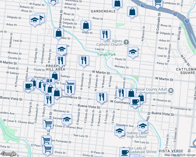 map of restaurants, bars, coffee shops, grocery stores, and more near 2323 West Salinas Street in San Antonio