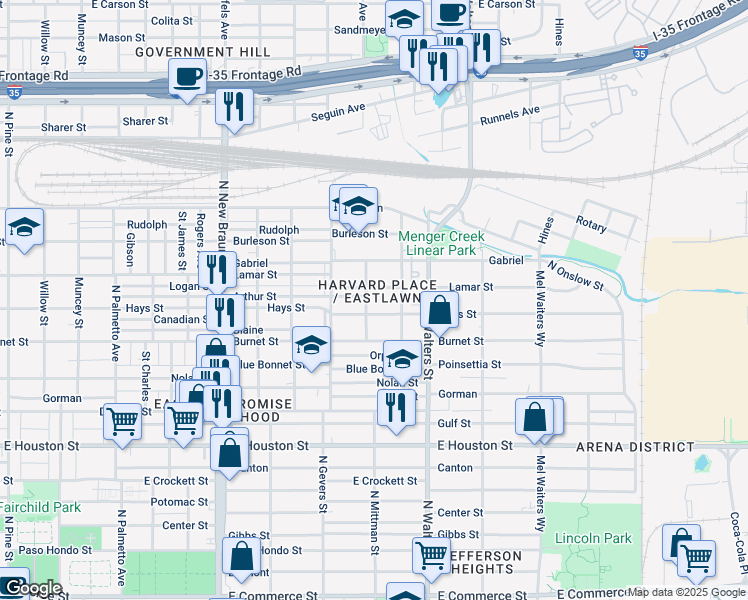 map of restaurants, bars, coffee shops, grocery stores, and more near 1833 Hays Street in San Antonio