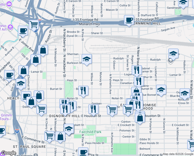 map of restaurants, bars, coffee shops, grocery stores, and more near 930 Hays Street in San Antonio