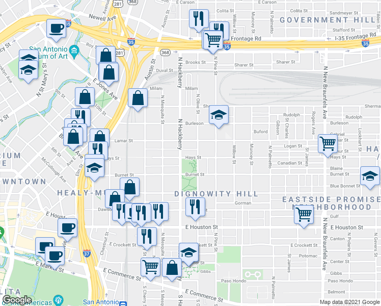 map of restaurants, bars, coffee shops, grocery stores, and more near 801 North Olive Street in San Antonio