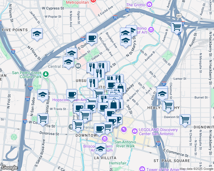 map of restaurants, bars, coffee shops, grocery stores, and more near 1920 Jefferson in San Antonio