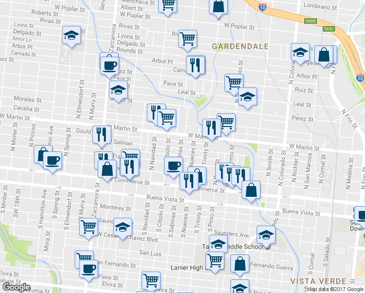 map of restaurants, bars, coffee shops, grocery stores, and more near 2406 West Salinas Street in San Antonio