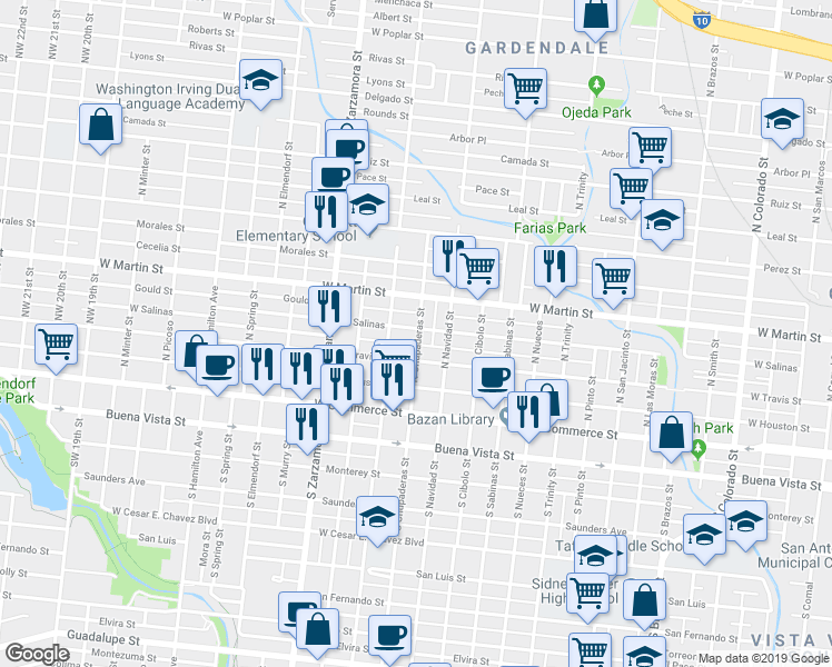map of restaurants, bars, coffee shops, grocery stores, and more near 312 North Chupaderas Street in San Antonio