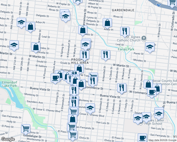 map of restaurants, bars, coffee shops, grocery stores, and more near 2703 West Travis Street in San Antonio