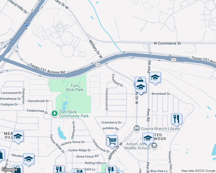 map of restaurants, bars, coffee shops, grocery stores, and more near 7046 Glenfield Drive in San Antonio
