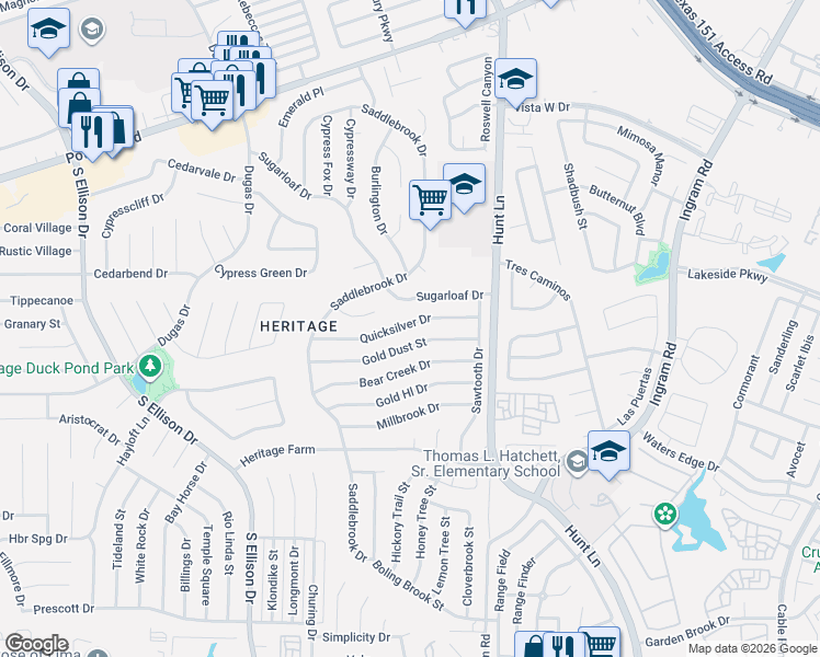 map of restaurants, bars, coffee shops, grocery stores, and more near 9502 Gold Dust Street in San Antonio