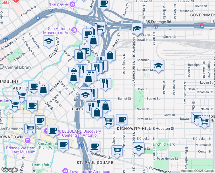 map of restaurants, bars, coffee shops, grocery stores, and more near 727 North Cherry Street in San Antonio