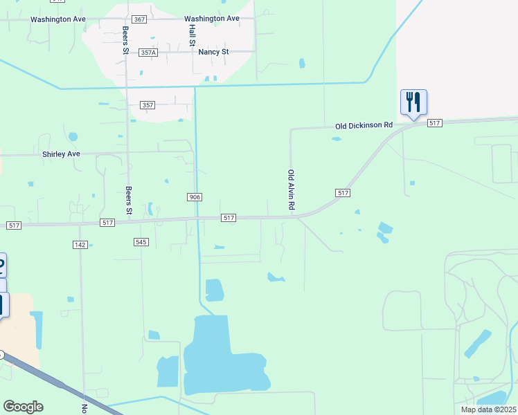 map of restaurants, bars, coffee shops, grocery stores, and more near 1181 Farm to Market Road 517 in Alvin