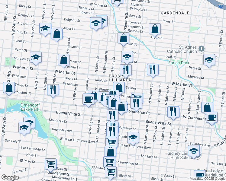 map of restaurants, bars, coffee shops, grocery stores, and more near 2923 West Travis Street in San Antonio