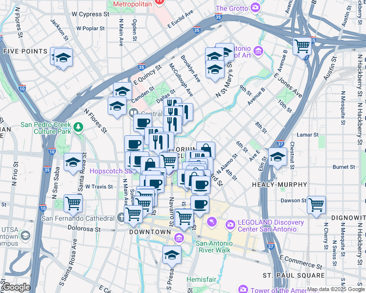 map of restaurants, bars, coffee shops, grocery stores, and more near 100 Auditorium Circle in San Antonio