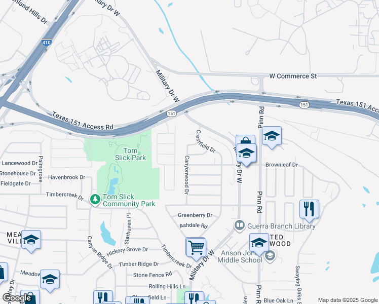 map of restaurants, bars, coffee shops, grocery stores, and more near 7046 Glenfield Drive in San Antonio