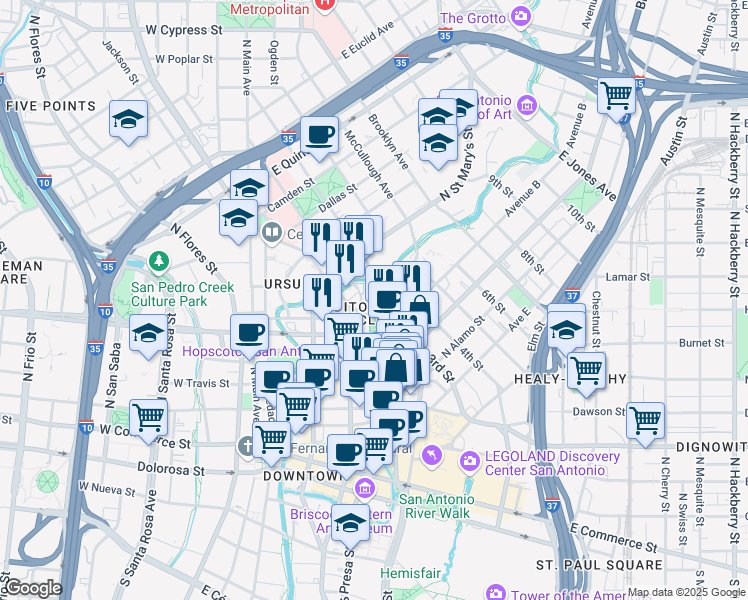 map of restaurants, bars, coffee shops, grocery stores, and more near 100 Auditorium Circle in San Antonio
