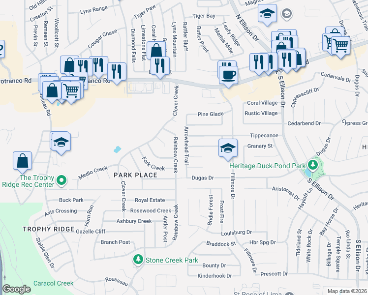 map of restaurants, bars, coffee shops, grocery stores, and more near 10203 Rainbow Creek in San Antonio