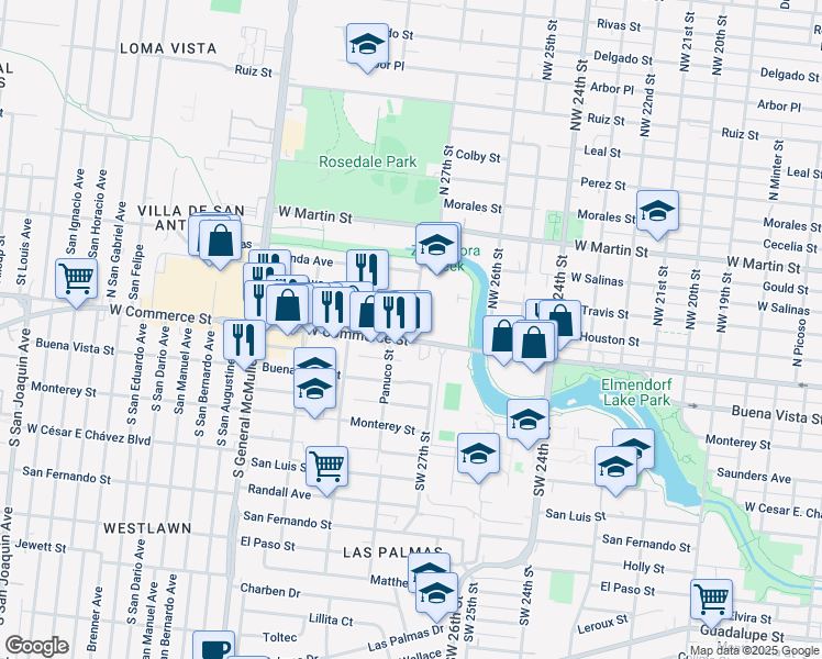 map of restaurants, bars, coffee shops, grocery stores, and more near 4406 West Commerce Street in San Antonio