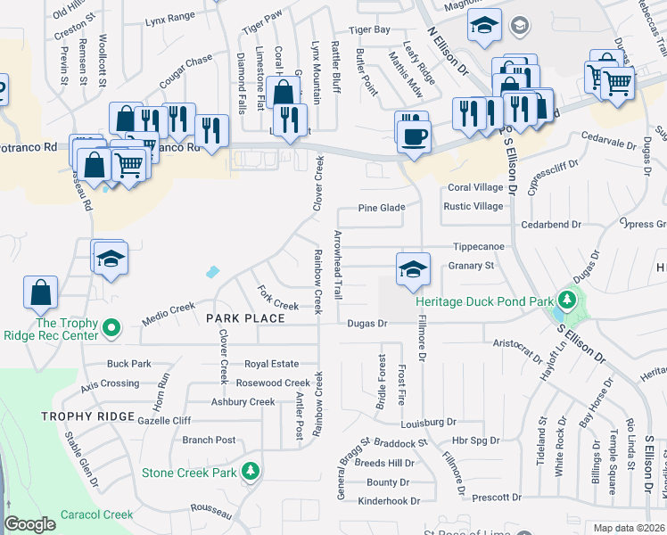 map of restaurants, bars, coffee shops, grocery stores, and more near 10203 Rainbow Creek in San Antonio