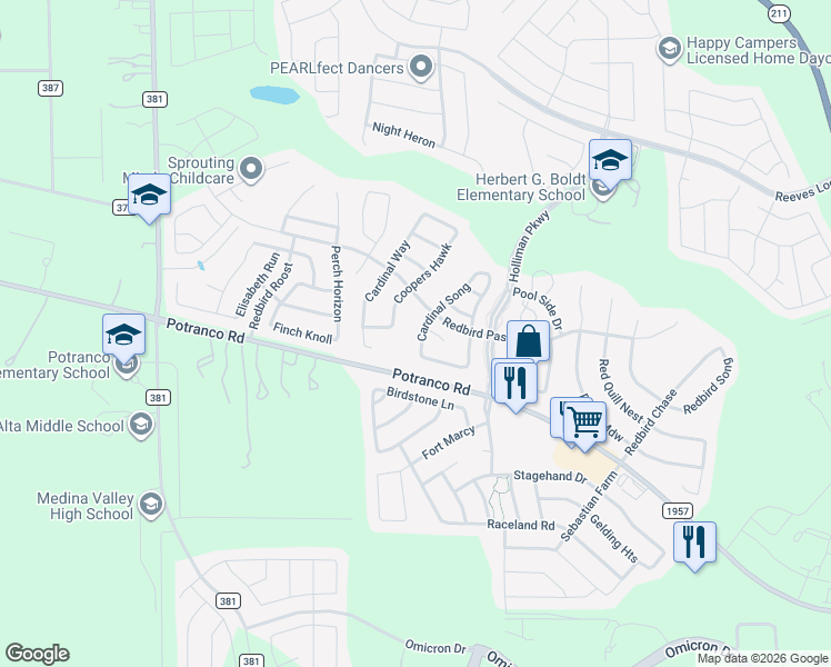 map of restaurants, bars, coffee shops, grocery stores, and more near 15339 Nesting Way in San Antonio
