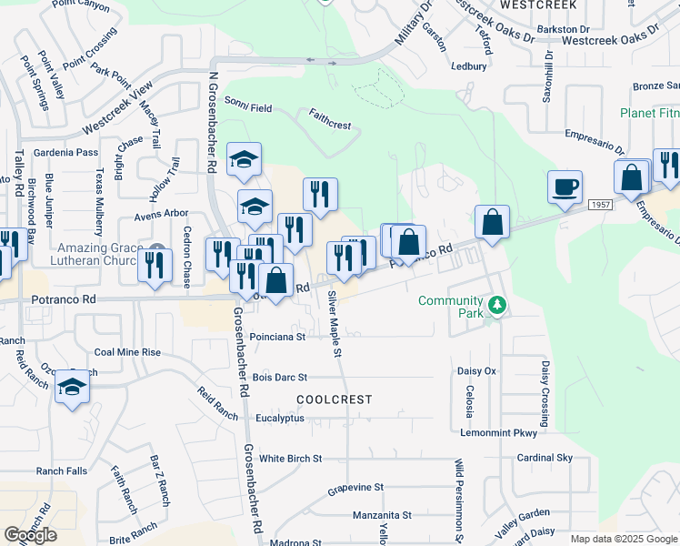 map of restaurants, bars, coffee shops, grocery stores, and more near 12135 Potranco Road in San Antonio