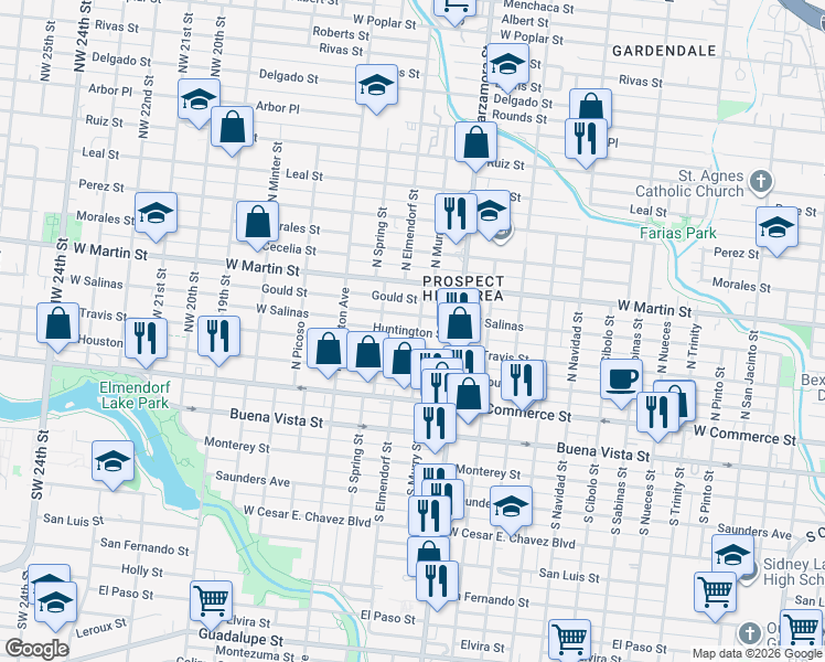 map of restaurants, bars, coffee shops, grocery stores, and more near 3022 West Travis Street in San Antonio